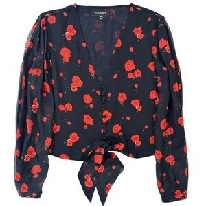 INTERMIX Navy Black Red Floral Tie Waist V-Neck Long Sleeve Silk Blouse z M